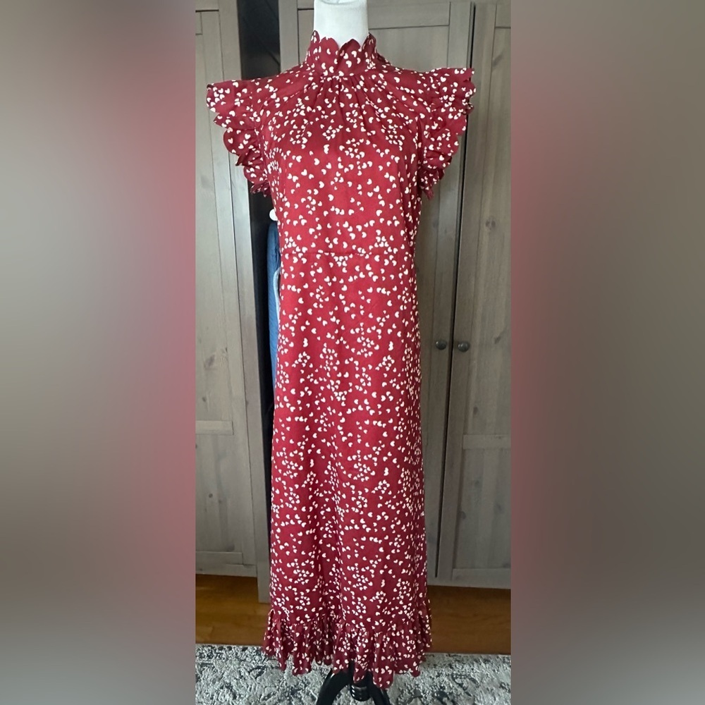 Heart print , red and white  Tiered Maxi Dress with Flutter Sleeves